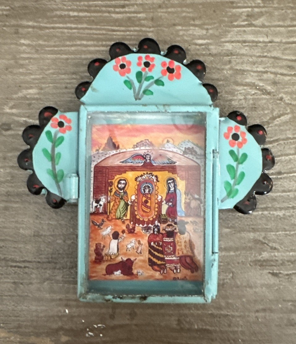 VTG Roberto Gonzales Tin Nicho Shadow Box Folk Art Hand Painted Glass Door