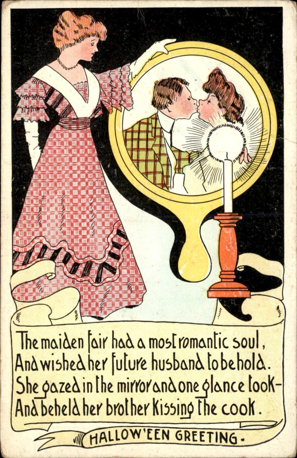 Halloween greeting with mirror kiss Humor TR Co c1910s Vintage Postcard bhn