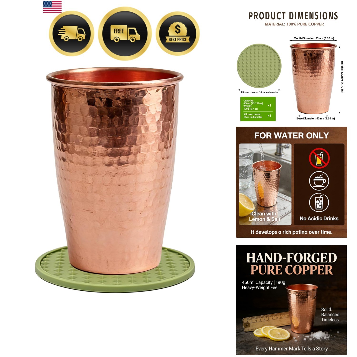 Handmade Copper Cups 450ml