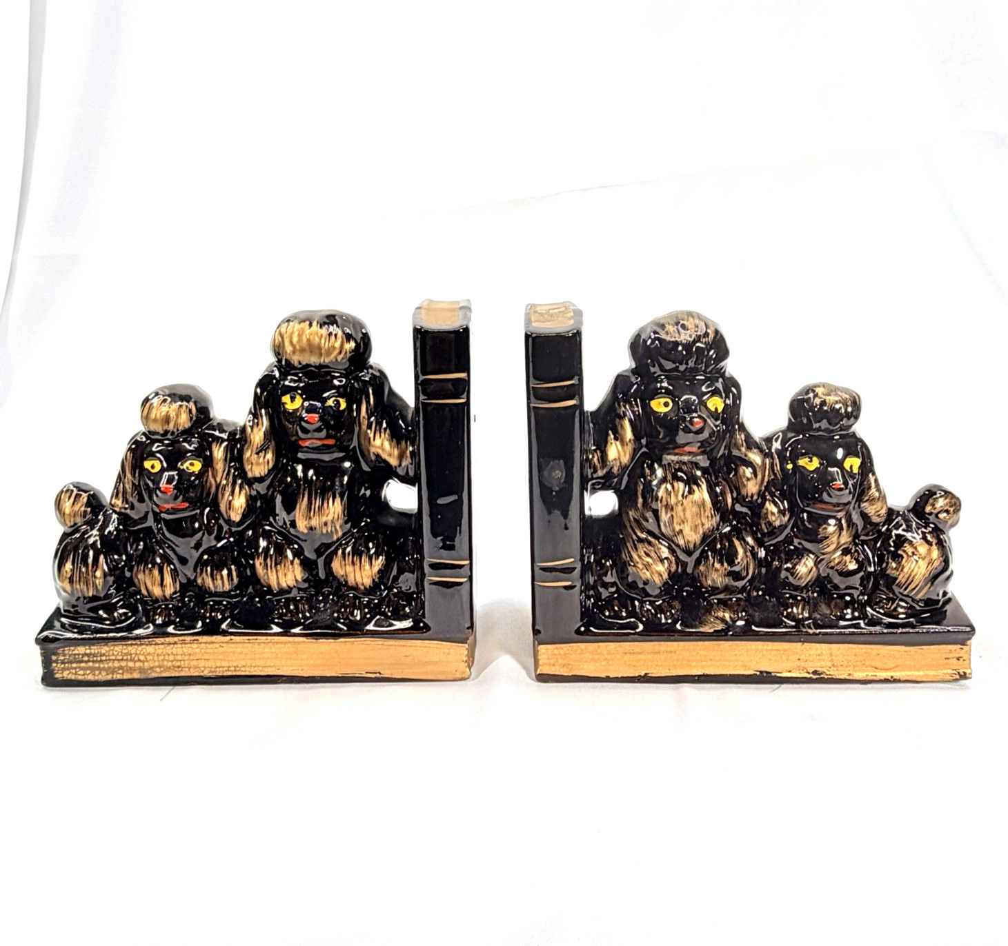 Set of 2 Vtg 1950\'s Red Ware Ceramic Black Gold Poodle Dogs Bookends Japan MCM
