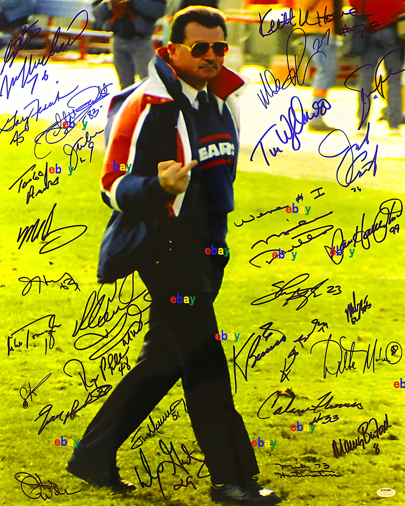 MIKE DITKA FINGER UP & 1985 BEARS TEAM SIGNED BY 30 REPRINT 8x10
