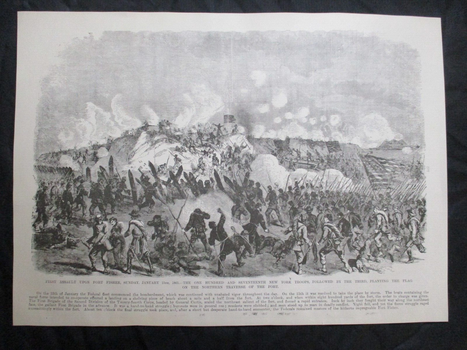 1884 Civil War Print - 1st Assault on Fort Fisher, North Carolina, 1865