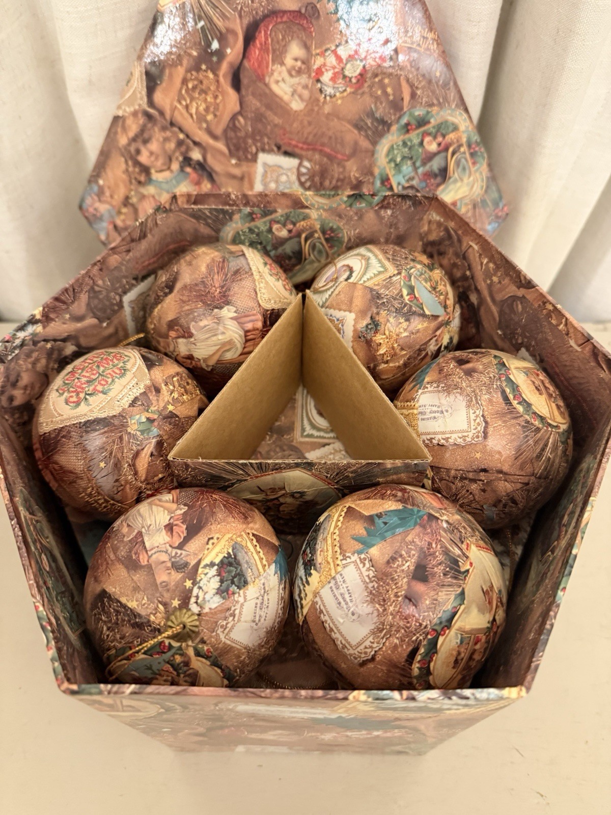 Vintage 1998 Once Upon A Rose 12pc Victorian Paper Mache Christmas Ornaments Box