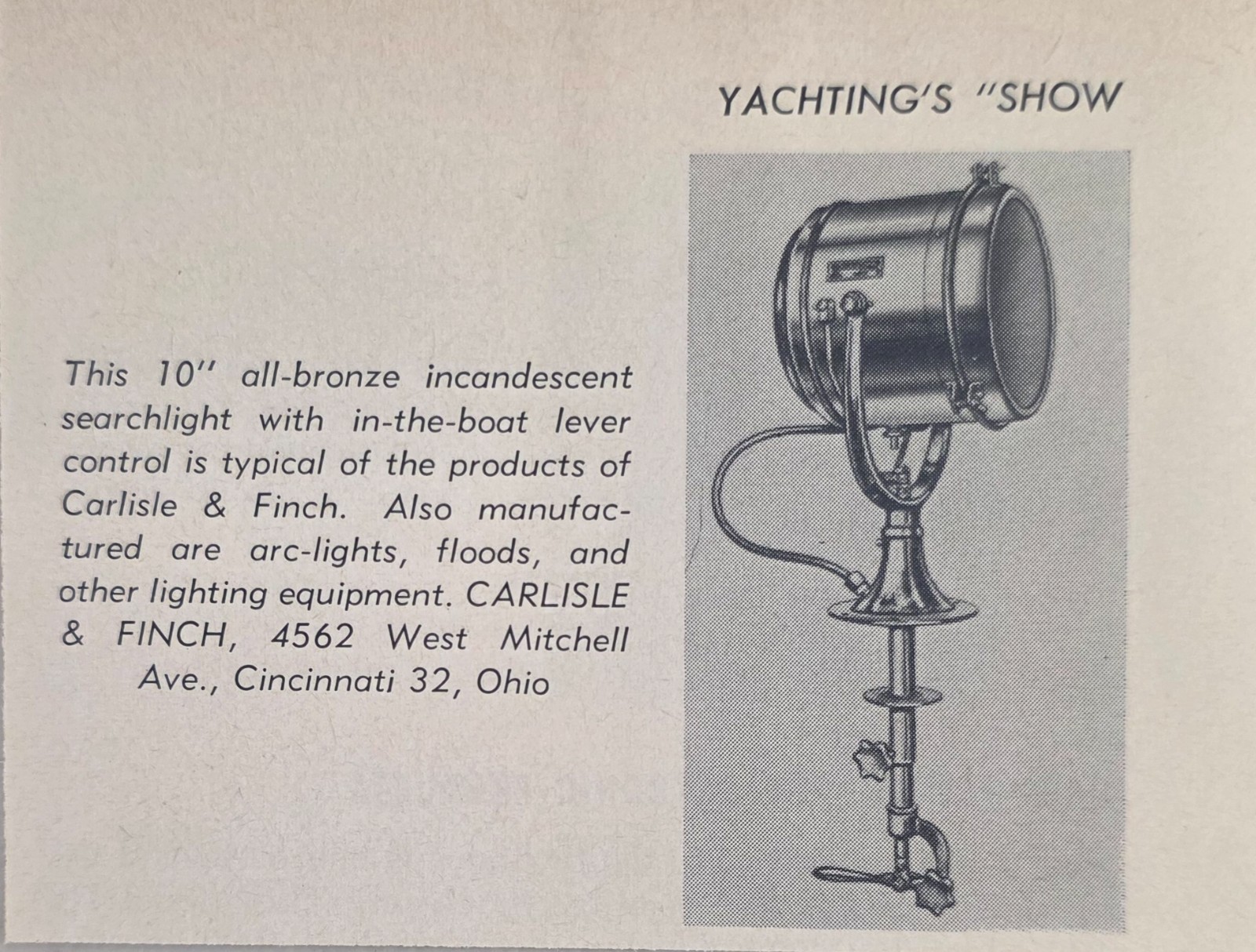 1956 Magazine Photo Carlisle & Finch Marine Searchlights Cincinnati,OHIO