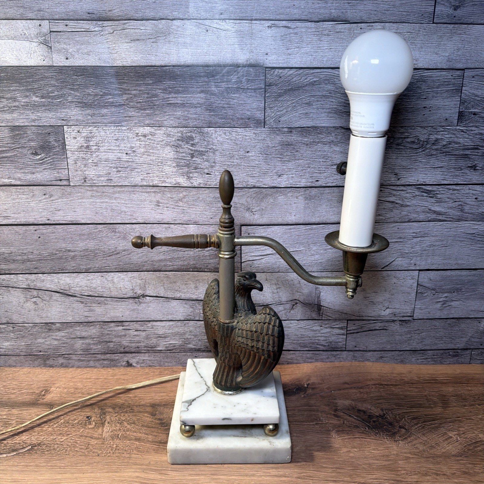 Vintage Mid Century Federal Brass Eagle Desk Lamp White Marble Base Swing Arm