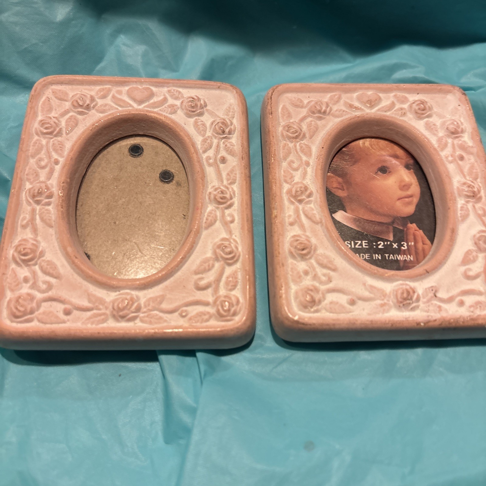 Vintage Pink Ceramic Rose Picture Frame Set Of 2pair 3.5x3” Cottagecore Taiwan 