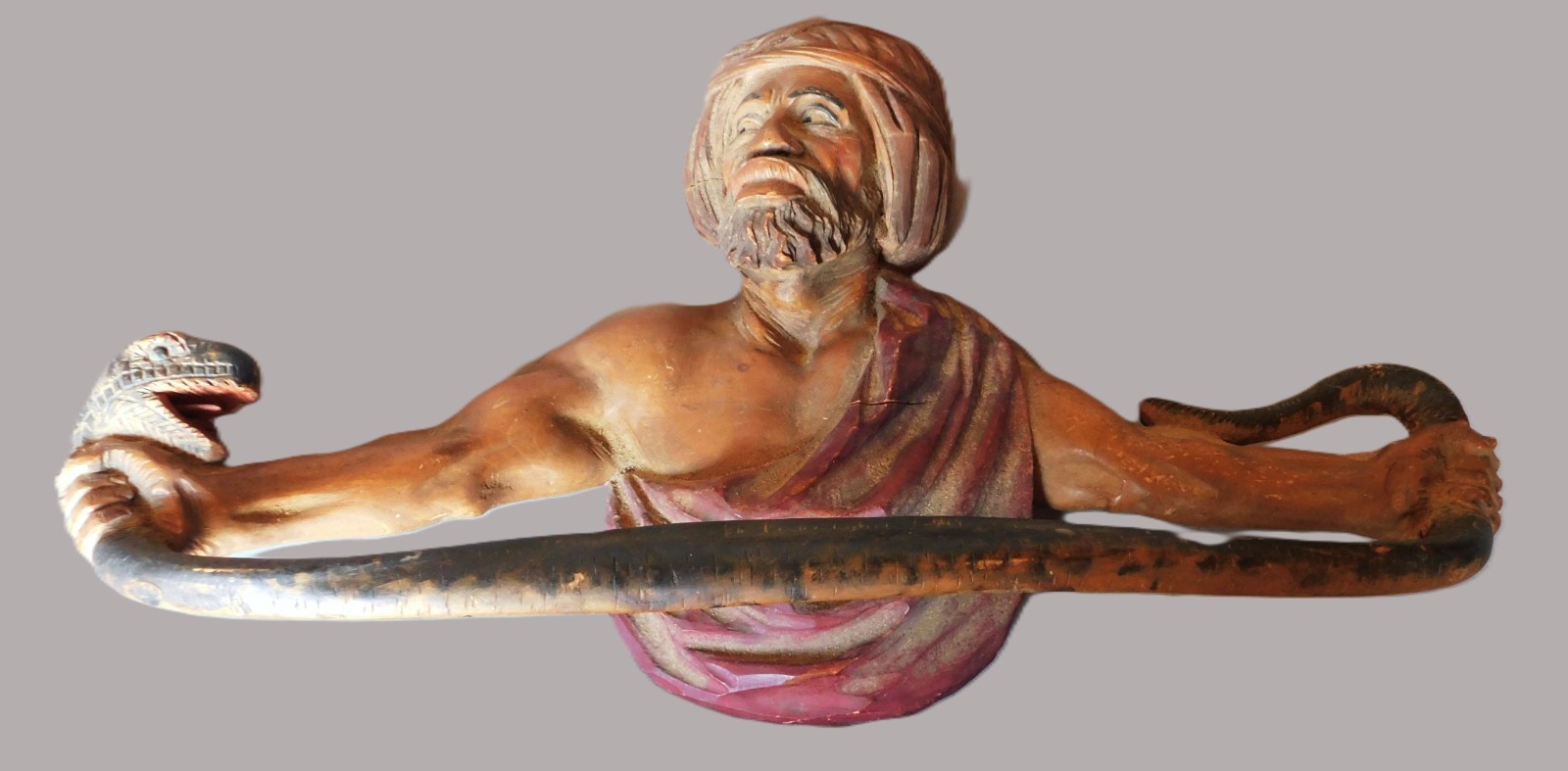 Antique Venetian Moorish Man Cobra Snake Figural Wood Towel Rack carved painted
