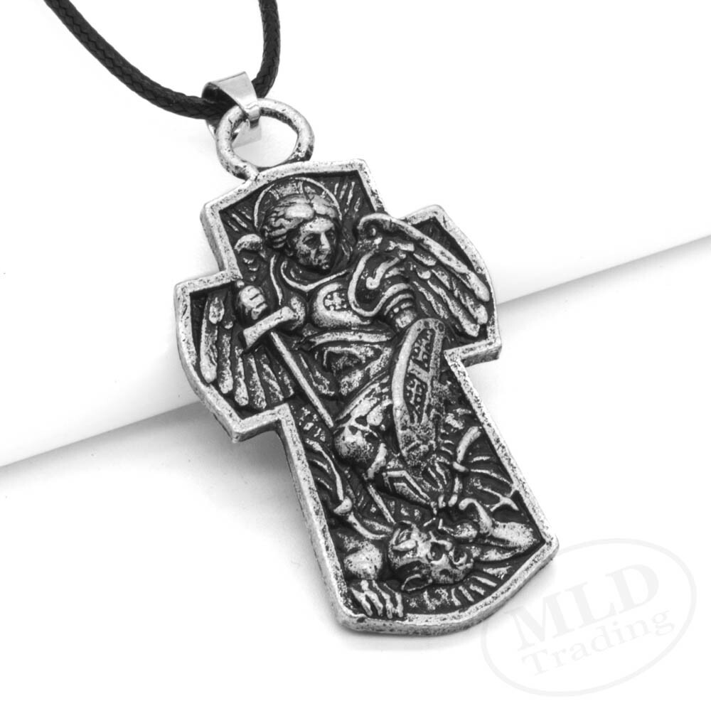 Archangel Patron Saint St Michael Textured 3D Cross Shield Pendant Necklace