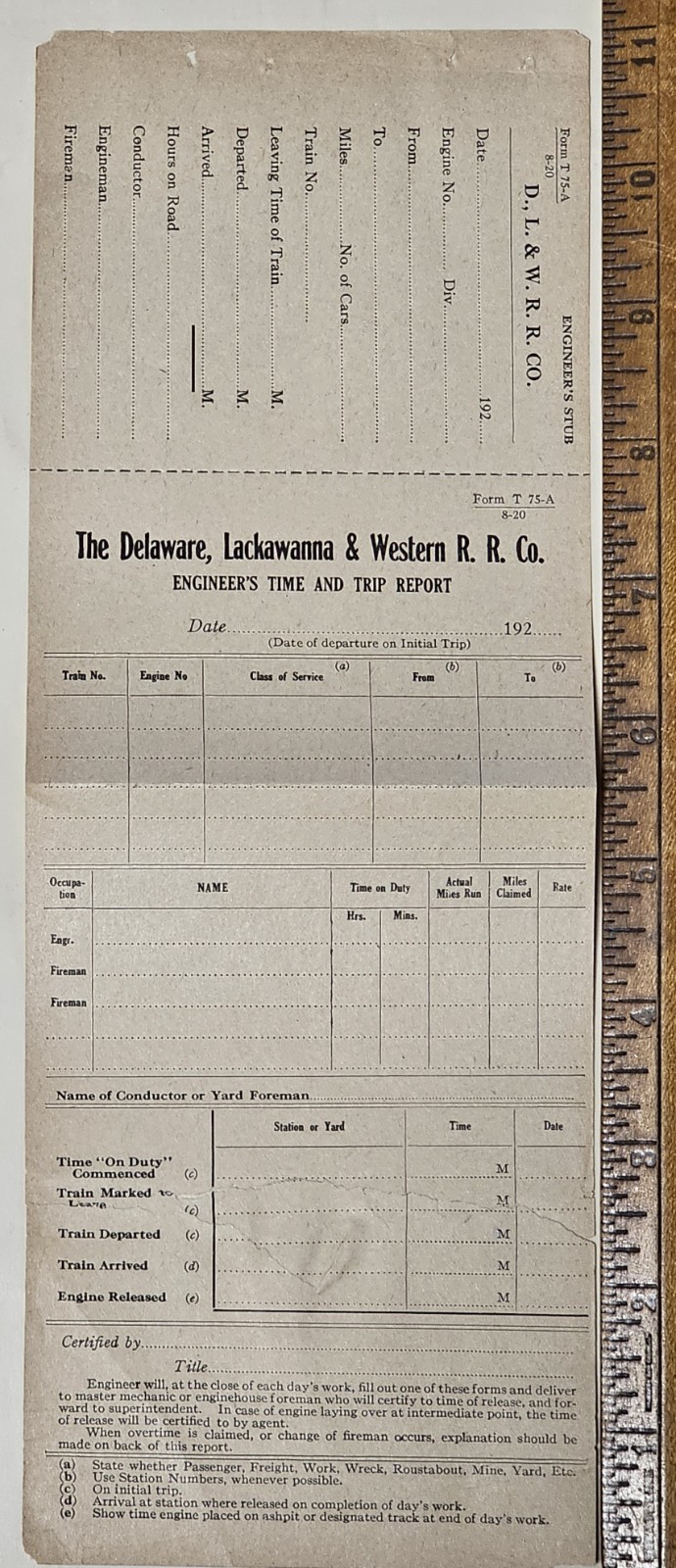 1920 DL&W Railroad Engineer’s Time & Trip Report Form Lackawanna Railway