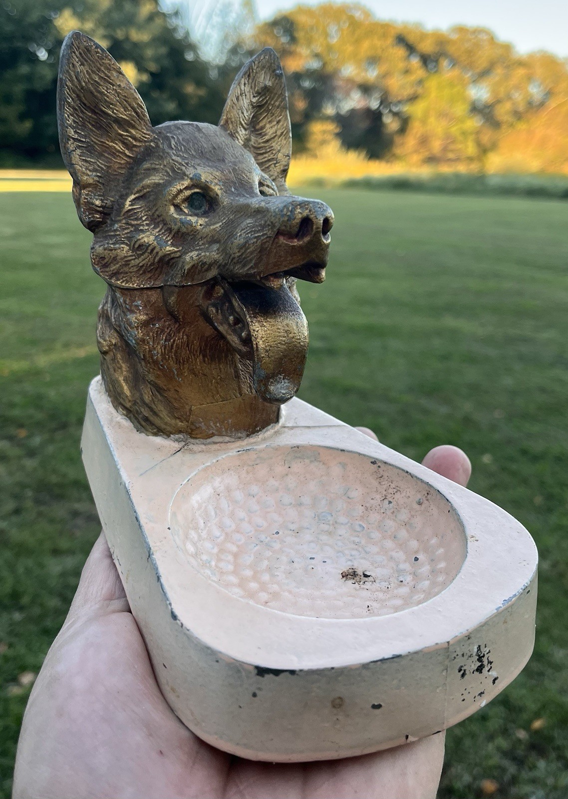 Vintage 1930s-40s Scary German Shepherd Dog Metal Ashtray