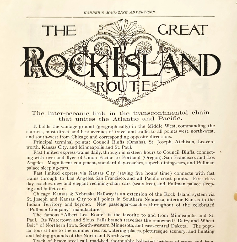 1888 Rock Island Railway Line Advertisement Victorian Pullman Cars Railroad