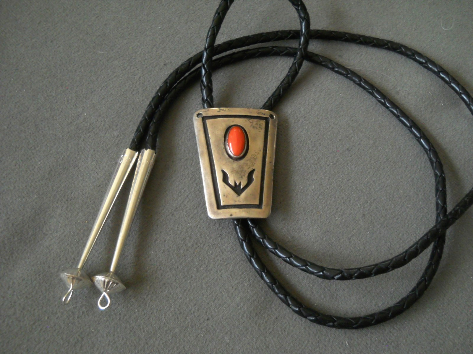 Southwestern Native American Navajo Red-Orange Coral Sterling Silver Bolo Tie