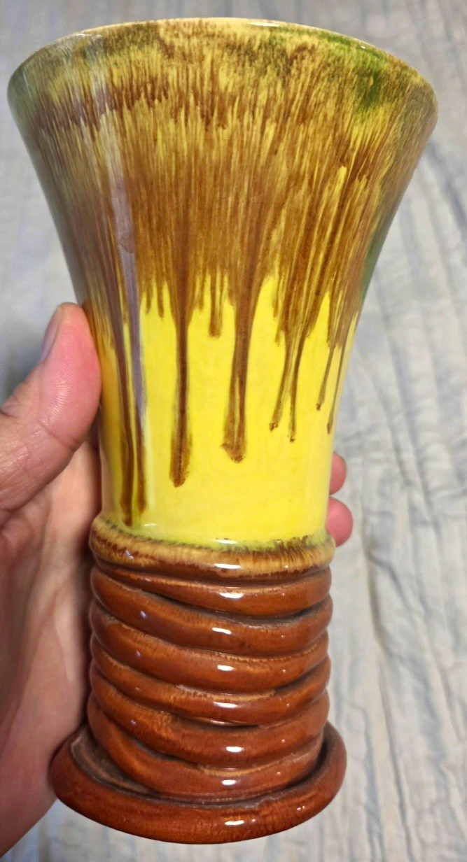 VINTAGE MCM: Yellow & Brown Drip Glaze Ceramic Vase, Flared Top, Ribbed Base