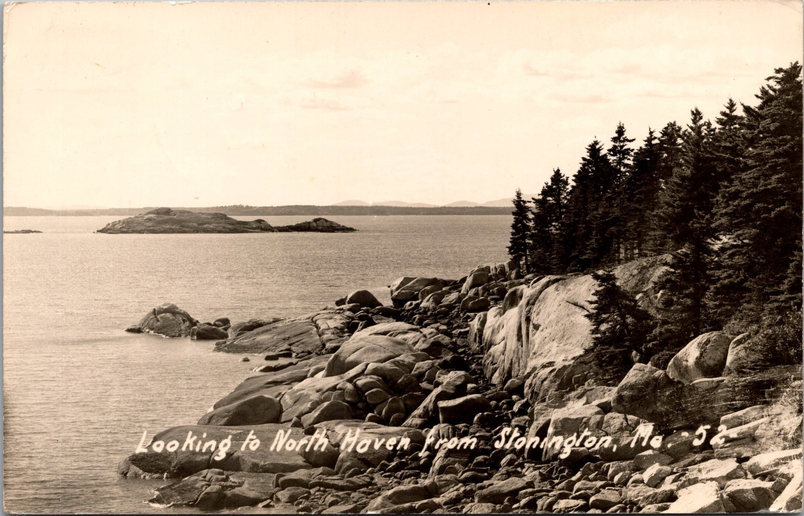 RPPC Postcard Stonington ME Coast looking to North Haven - Posted in 1947
