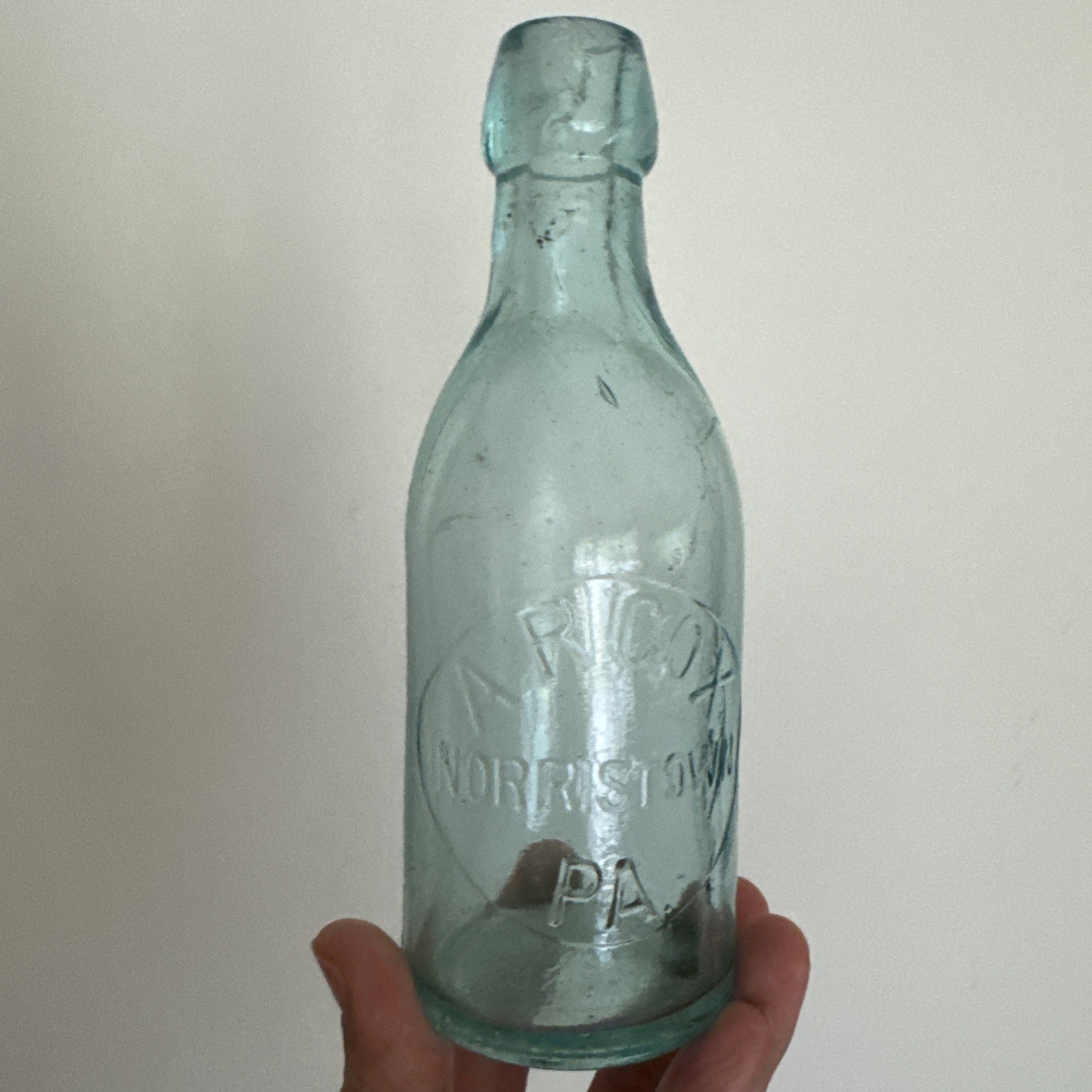 Antique A.R. Cox Norristown PA Aqua Blob Top Bottle Embossed 7” Nice