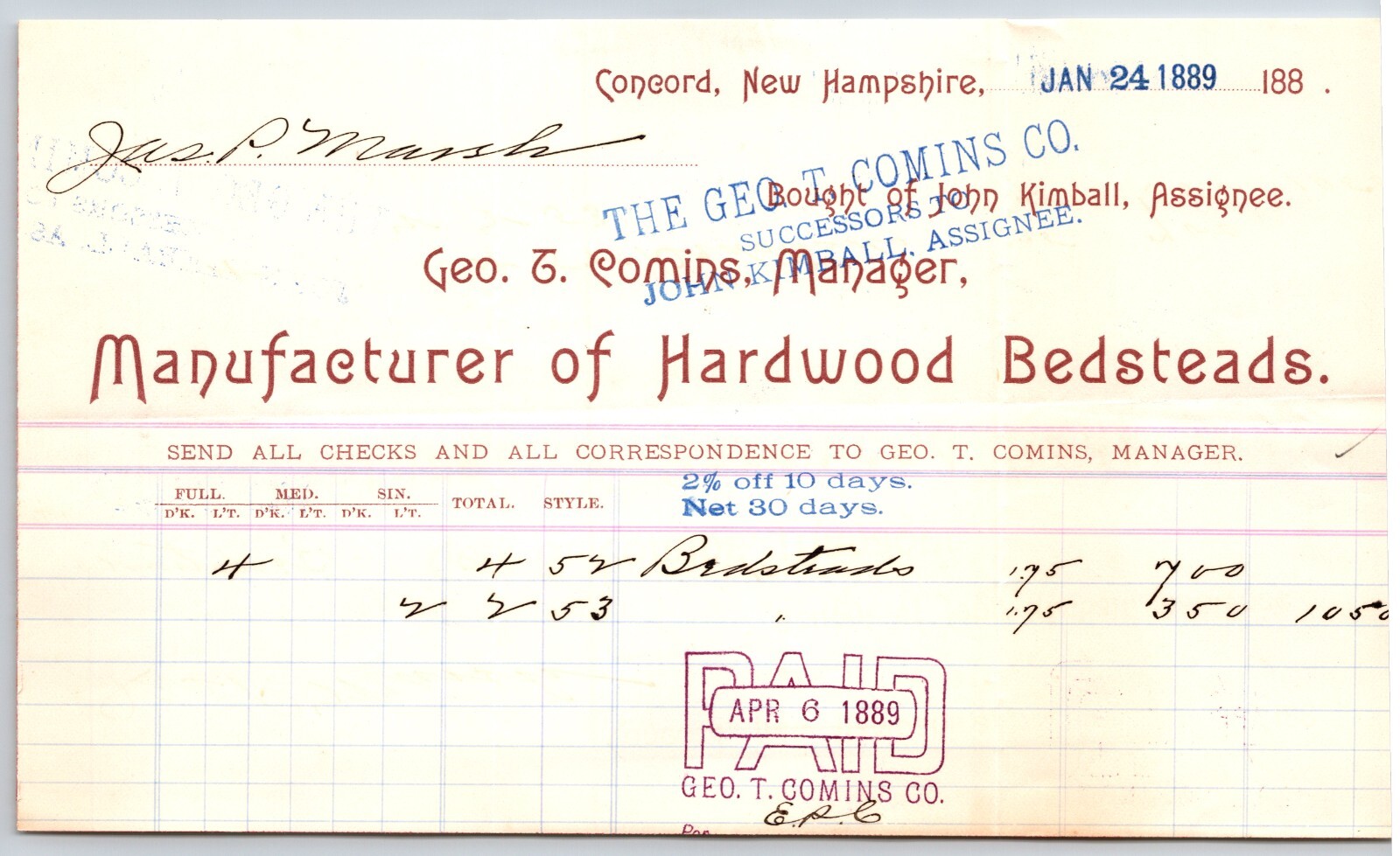 Geo. T. Comins Co. Concord, NH Hardwood Bedsteads 1889 Billhead J.P. Marsh*