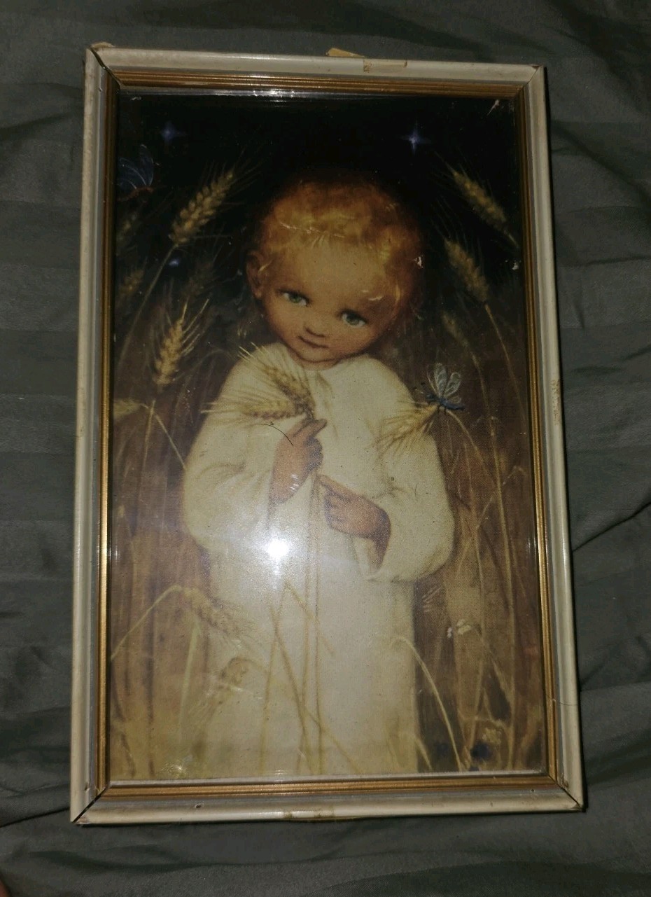 Vintage Framed Art Print Child in Wheat Field Mid Century Wall DecorFarm Kid