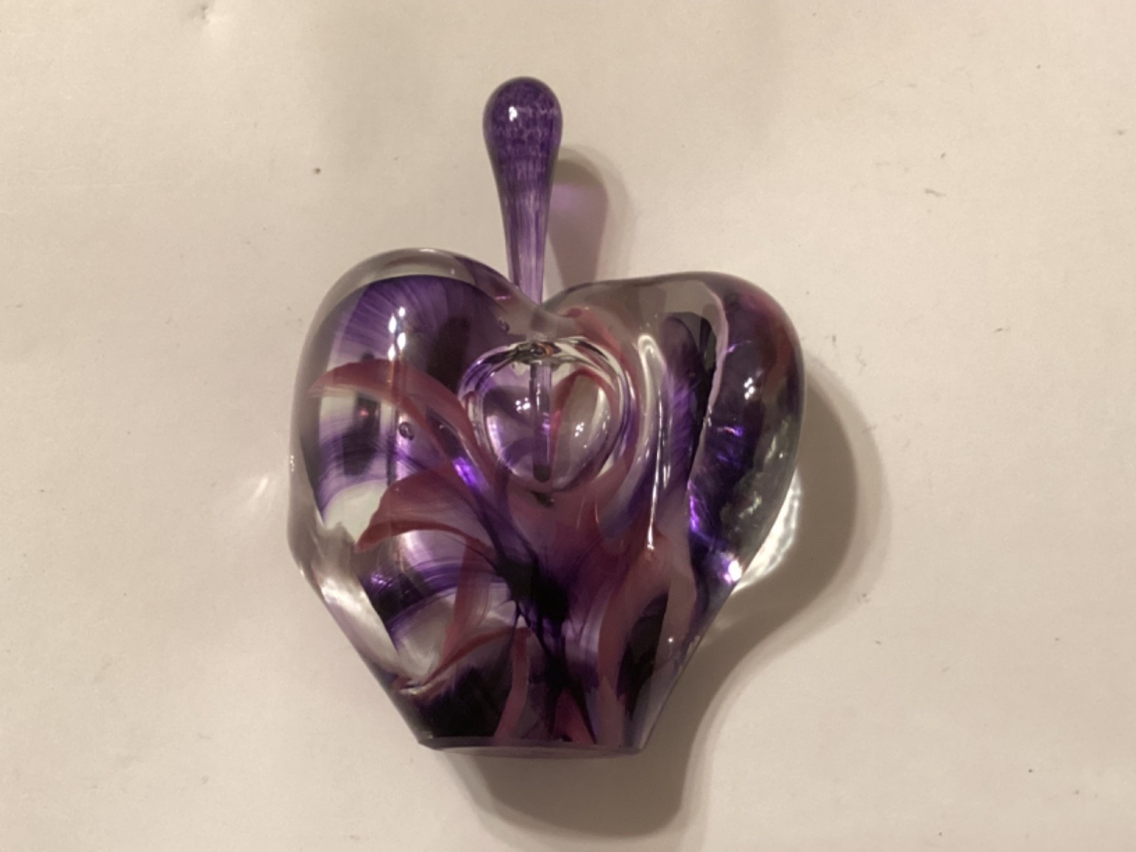 Unique Signed Zellique Art Glass Heart Perfume Bottle Pink Purple Swirl 4.5”
