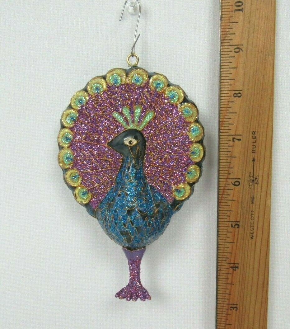 VTG 1970s 80s GLASS PEACOCK CHRISTMAS TREE ORNAMENT 5 1/4\