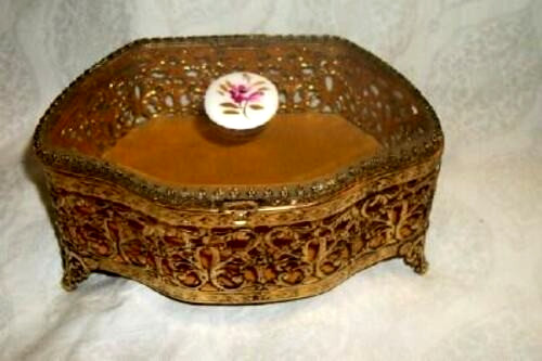 Vintage Matson Filigree Jewelry Casket Box Porcelain HP Flowers Gilt Cameo Rare