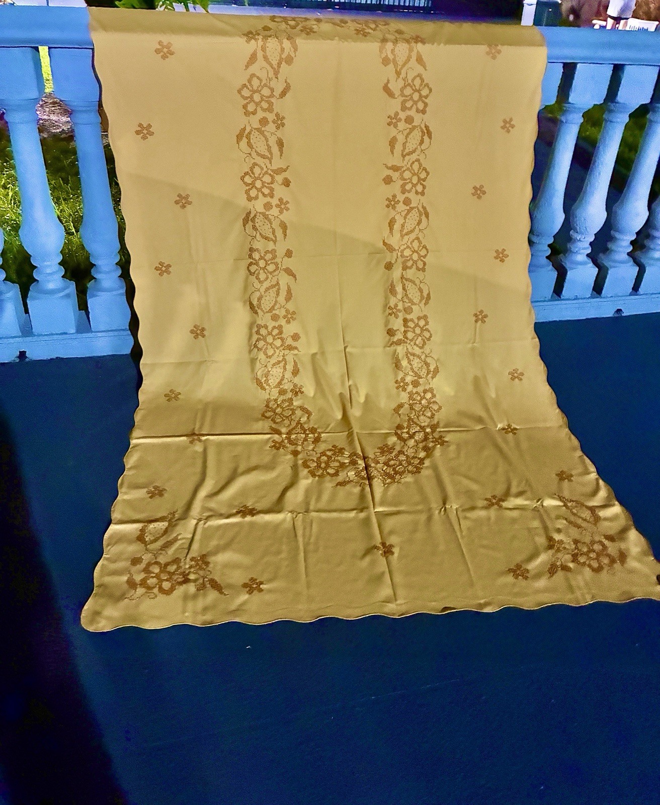 VTG Hand embroidery Cross Stitch  Floral Tablecloth Mustard Yellow 57” X 103”