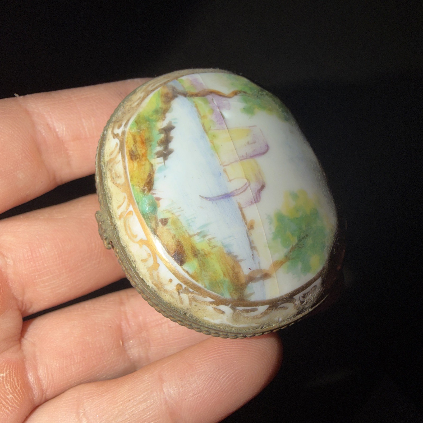 Antique Continental Porcelain Pill Box Hand Painted Scene Scissor Cross Mark 222