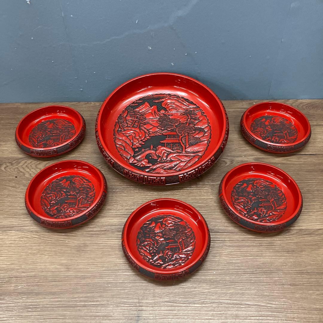 D4 Rare Showa Retro Tsuishu Lacquer Candy Dish Set 6 Piece Vintage Decor