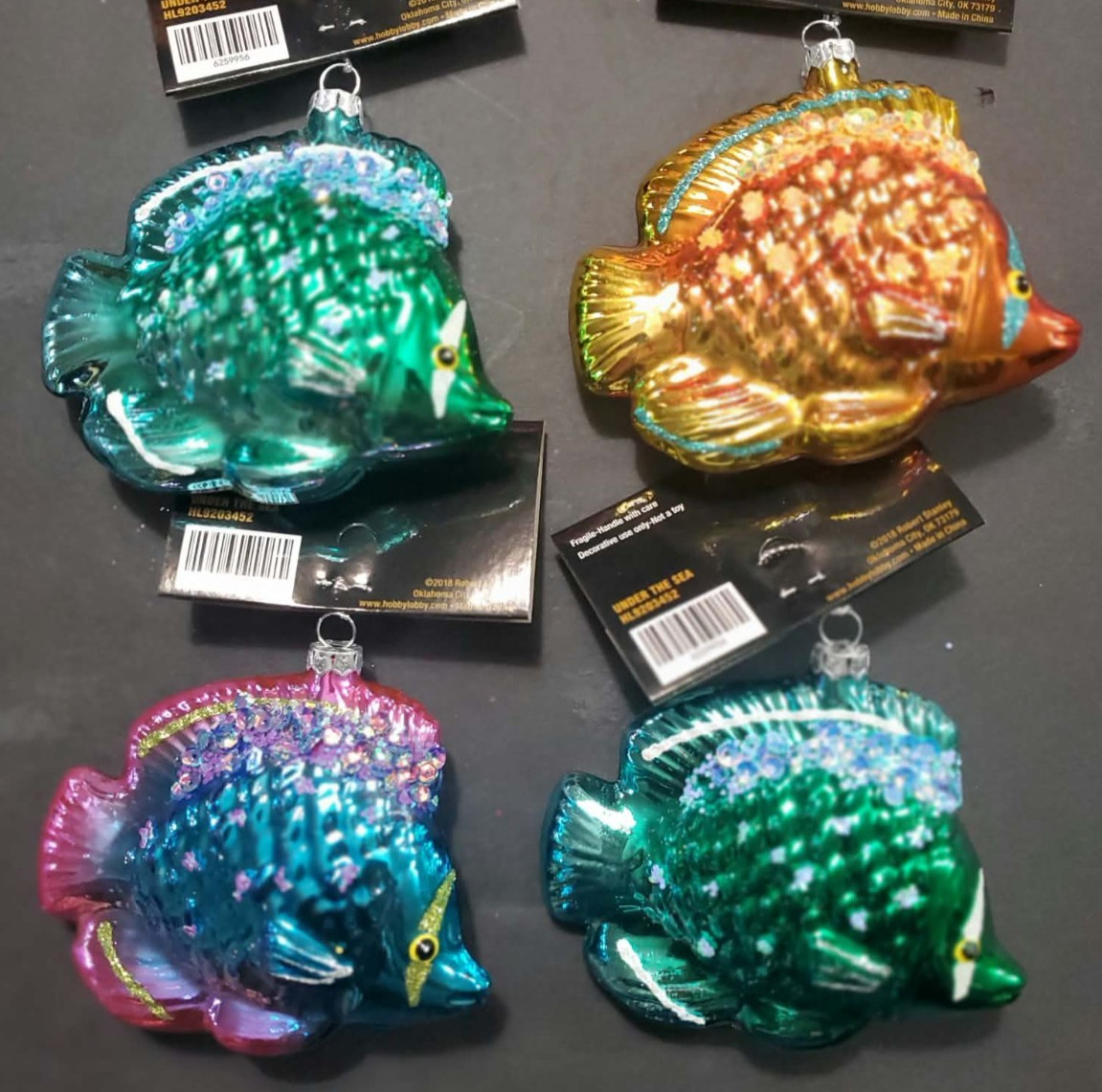 New Robert Stanley Glass Tropical Fish Christmas Ornament orange green set of 4