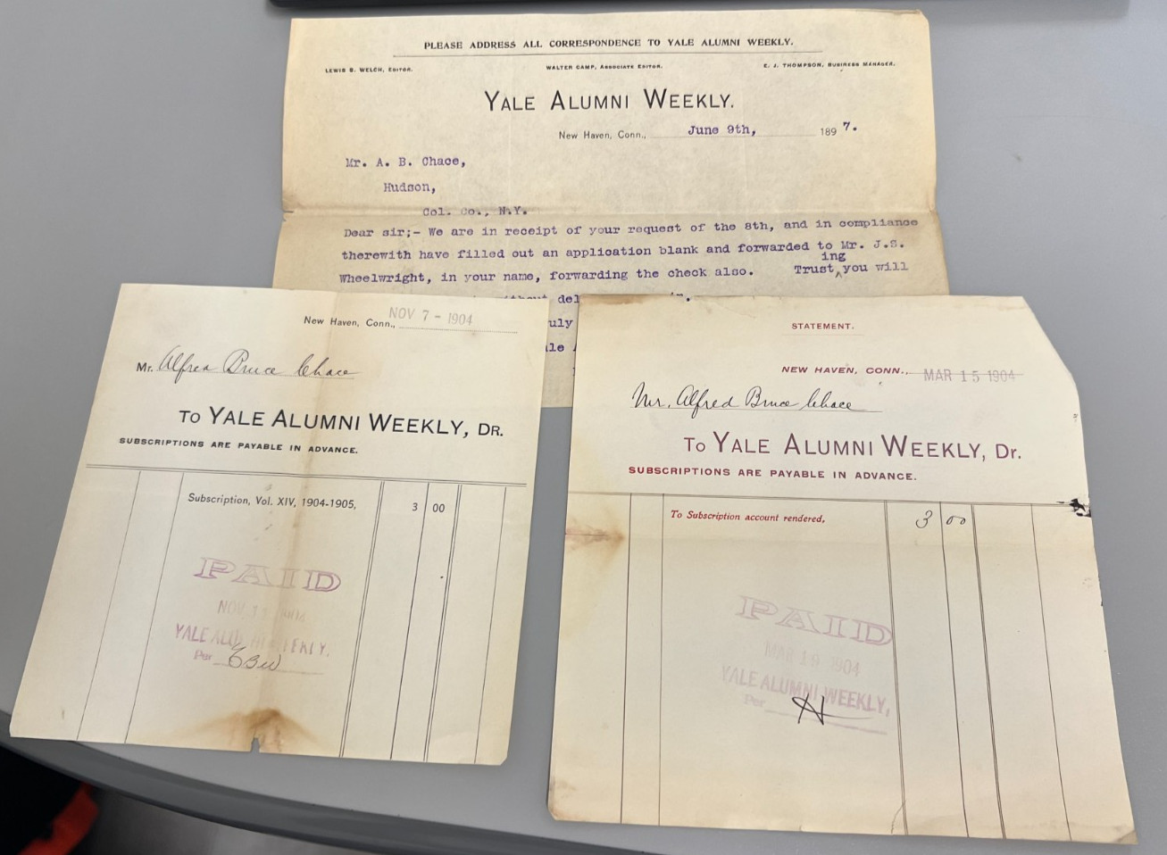 1897-1904 Yale Alumni Weekly Subscription Statements & Letter
