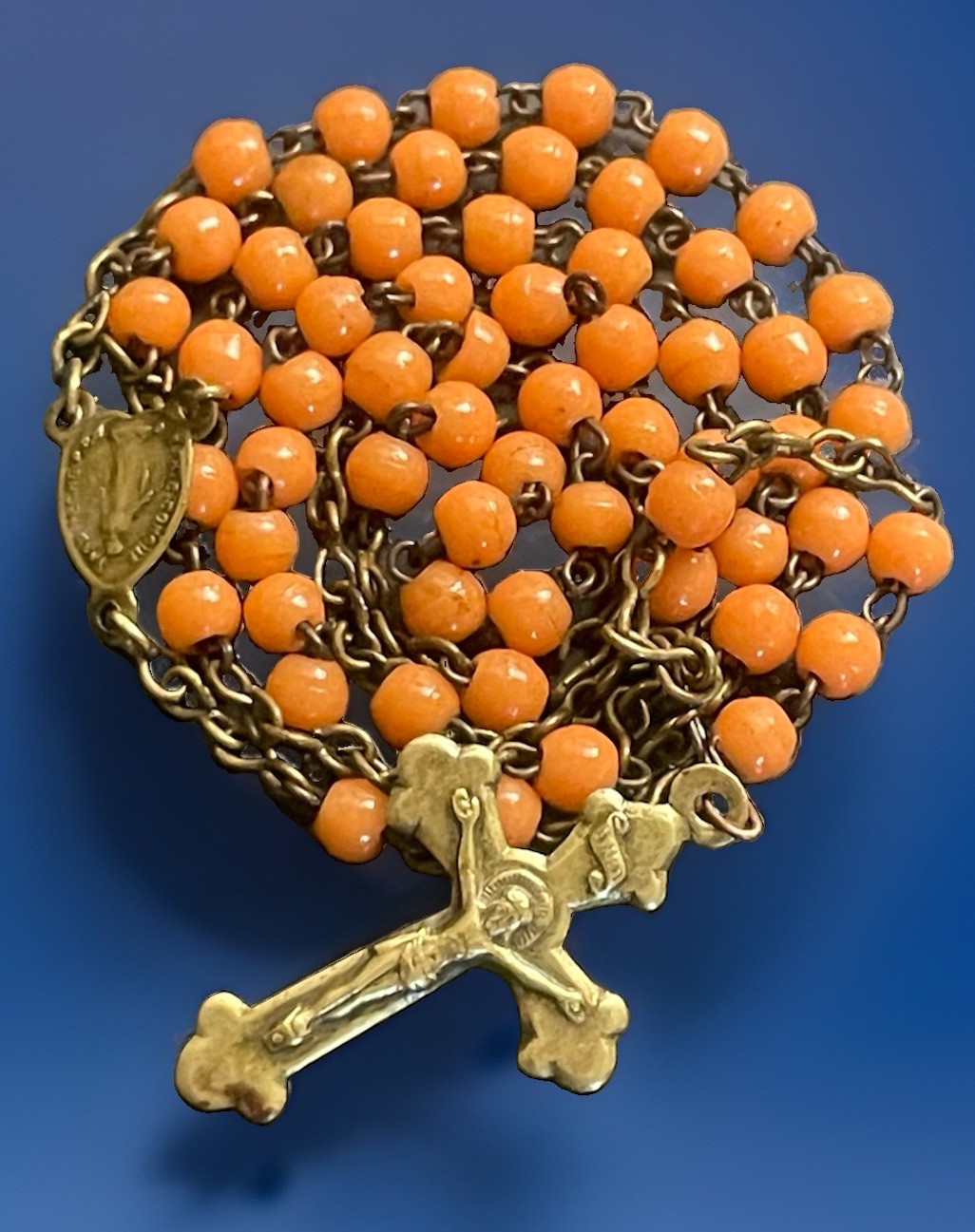 Vintage Catholic Orange Milk Glass Small Rosary, Gold Tone Crucifix