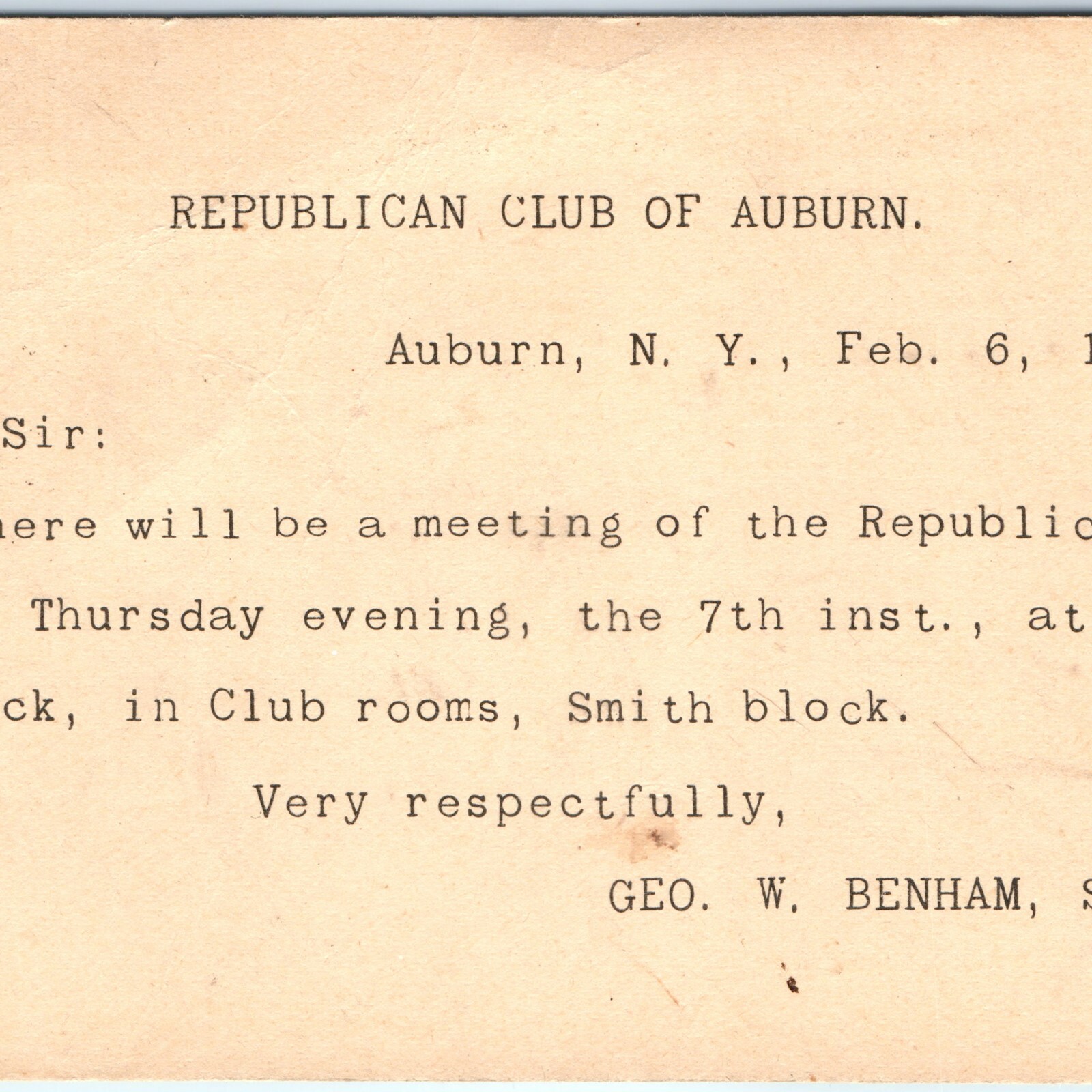 1895 Auburn, NY Republican Club Postal Card Meeting Invite Geo Benham Politic