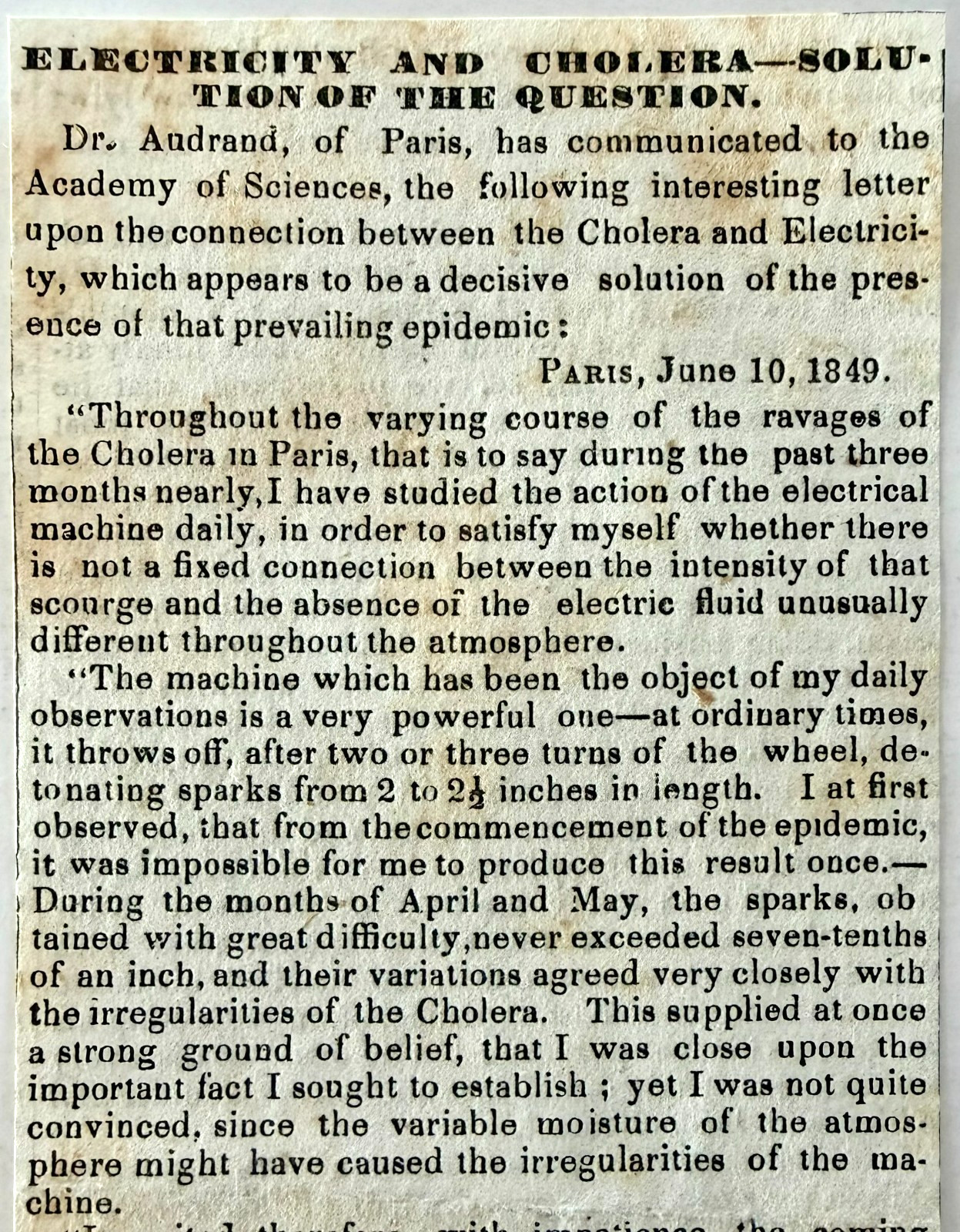 1849 Cholera Electricity Medical Science Historical Article Paris Epidemic
