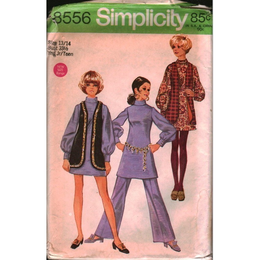Vintage 1969 Simplicity 8556 Sewing Pattern Dress Vest Pants Size 13/14 B33.5