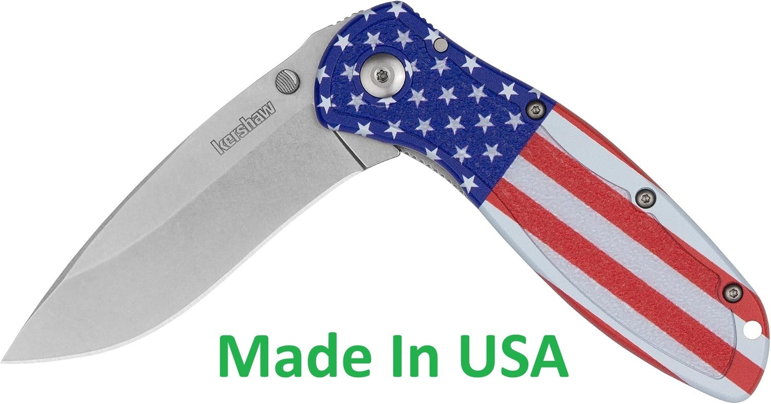 Kershaw Blur USA Flag Folding Pocket Knife, Made in USA, 3.4 Inch 14C28N Steel