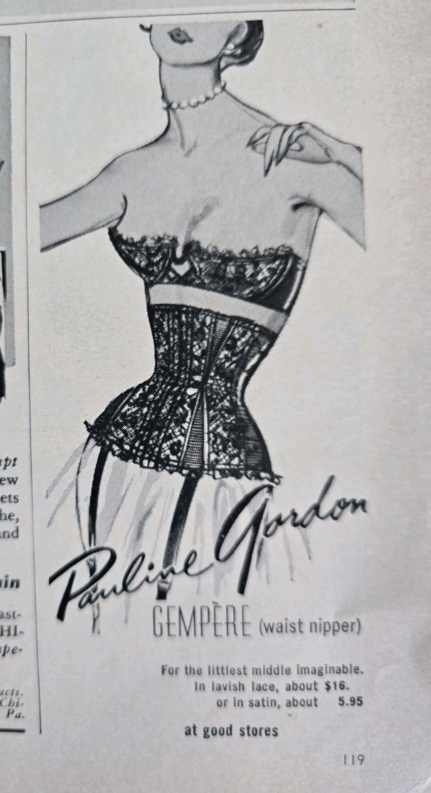 1951 Women's Pauline Gordon Black Lace Gempere Waist Nipper Bra Vintage ad