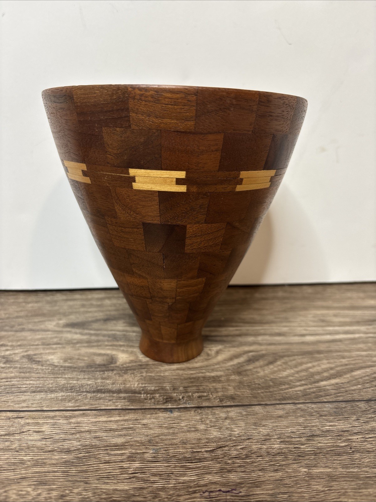 Post Modern Segmented Walnut Maple Lathed Studio Art Wood Vase Vessel