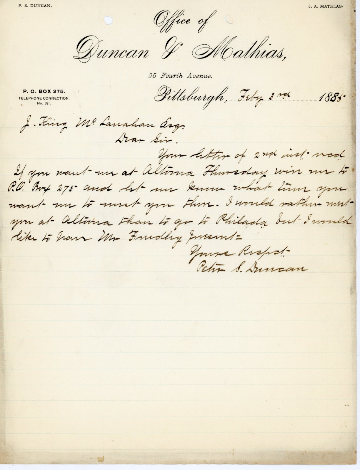 1885 Pittsburgh PA Legal Letterhead – Duncan & Mathias Attorneys Handwritten