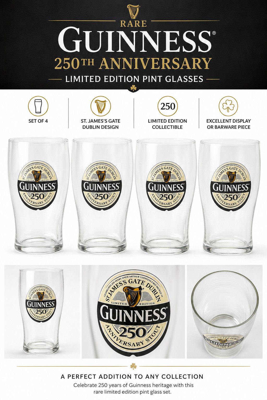 4 New Rare Guinness 250th Anniversary St. James’s Gate Dublin Pint Glasses