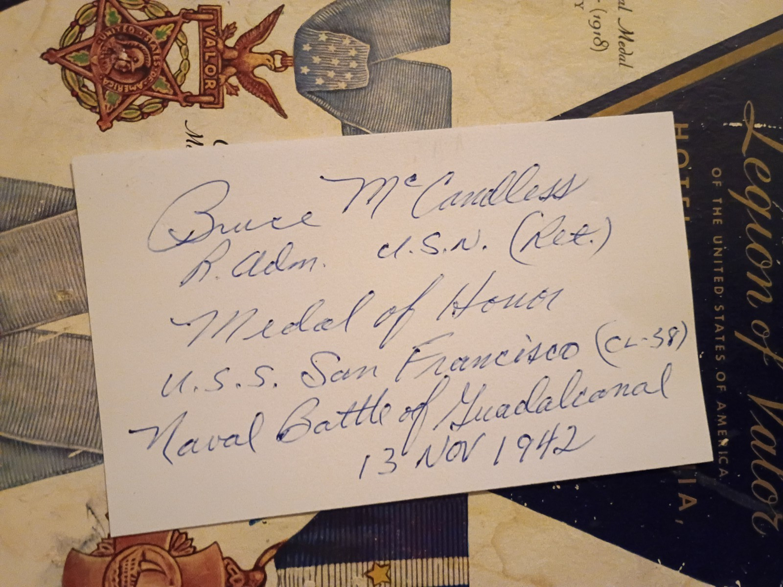 BRUCE McCANDLESS WWII Medal of Honor USS San Francisco Signed 3x5 Card Scarce