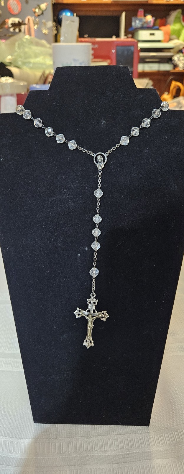 Vintage Sterling Silver ROMA Crucifix Rosary Clear Crystal Glass Beads