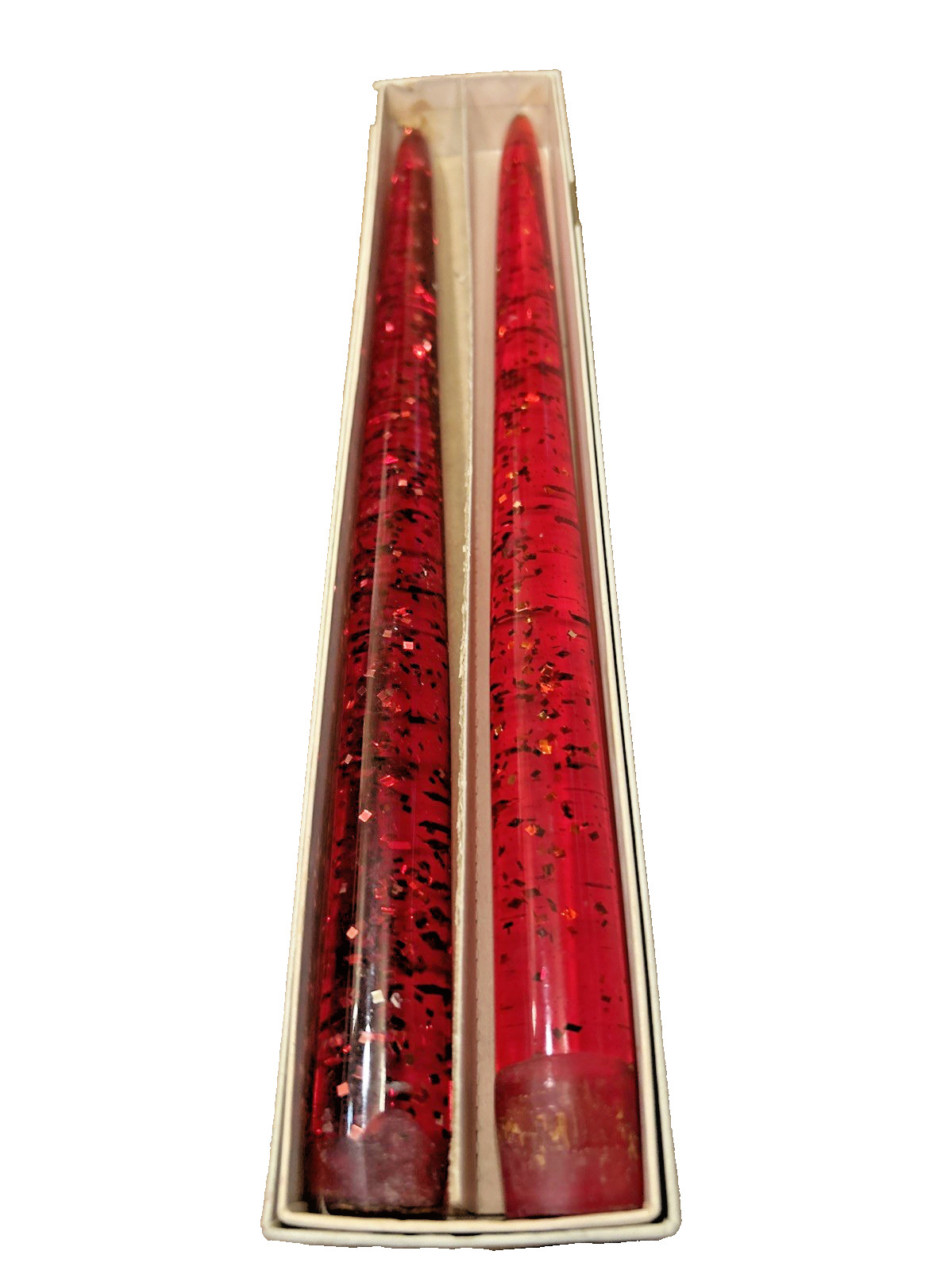 Vintage Pair Red Lucite Taper No Burn Candles Gold Flakes 11.5\