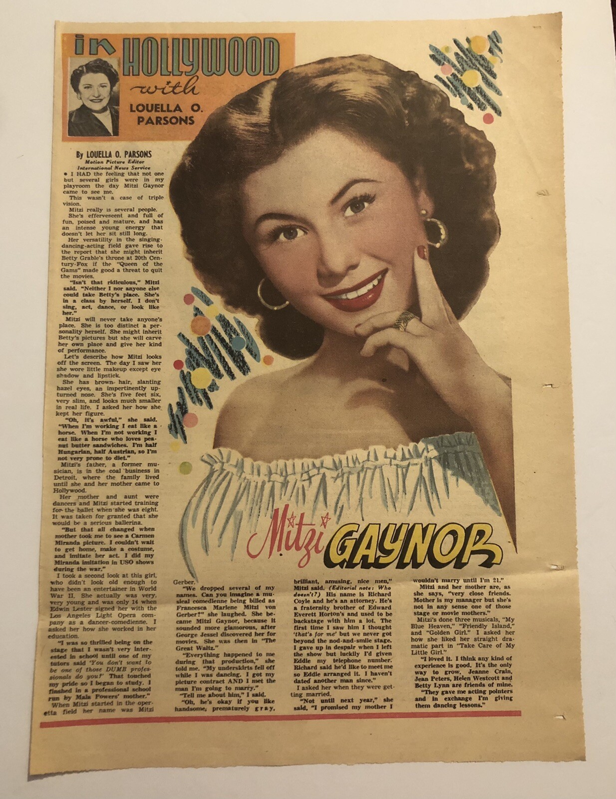 1940’s Actress Mitzi Gaynor “In Hollywood Louella Parsons” Magazine Article 0C24