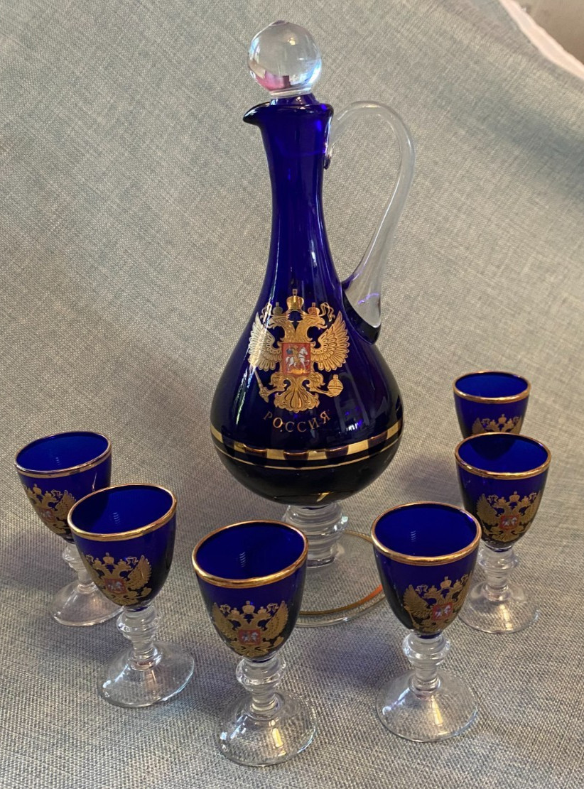 6 Vintage Russian Gus-Khrustalny Style Cobalt Blue Cordial Glasses & Pitcher Set