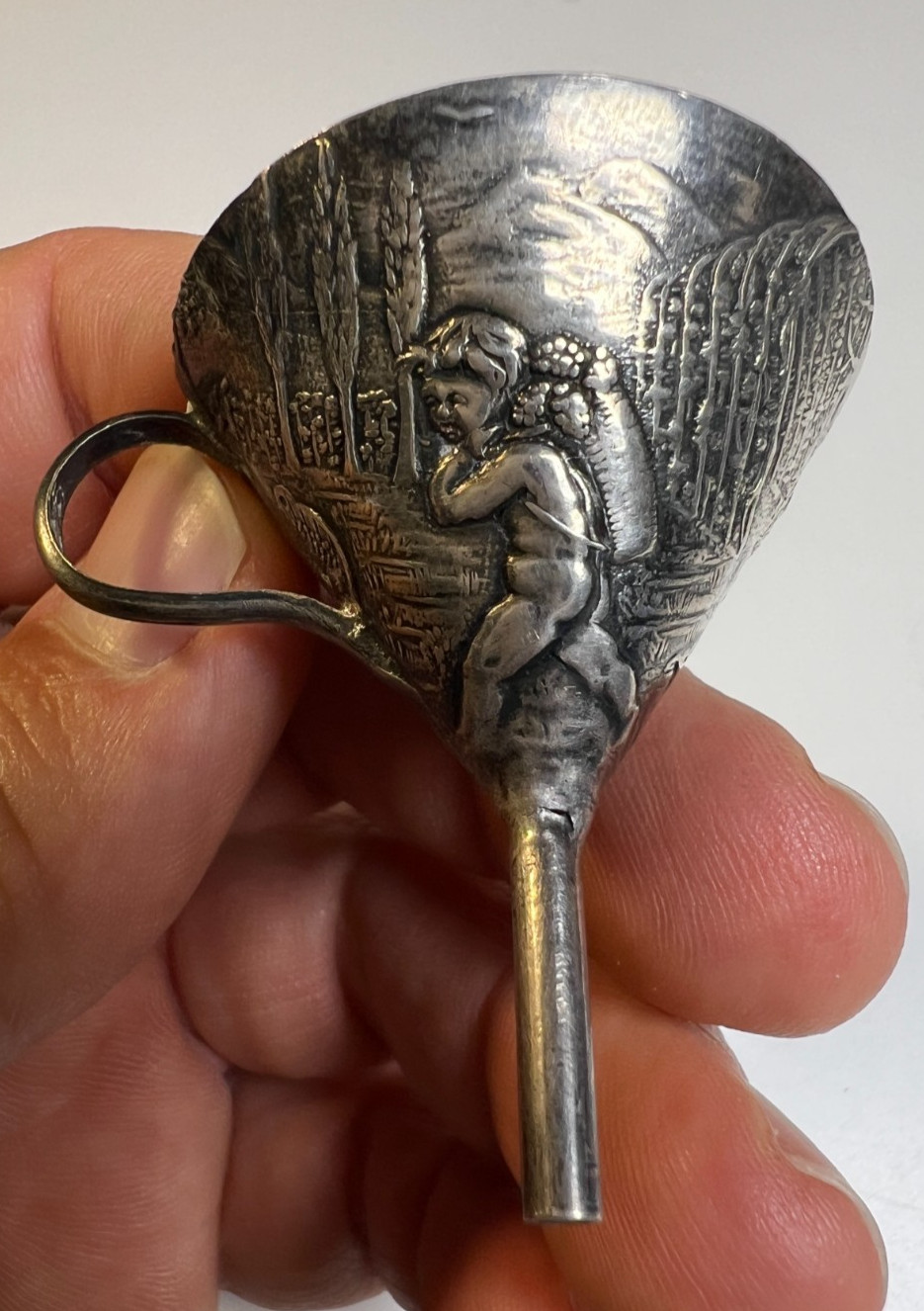 Vintage Tiny Italian Sterling Silver PERFUME FUNNEL Repousse Grape Harvest Putti