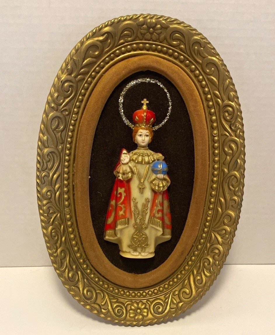 Vintage Infant of Prague Framed Religious  Oval Ornate thick plastic Frame