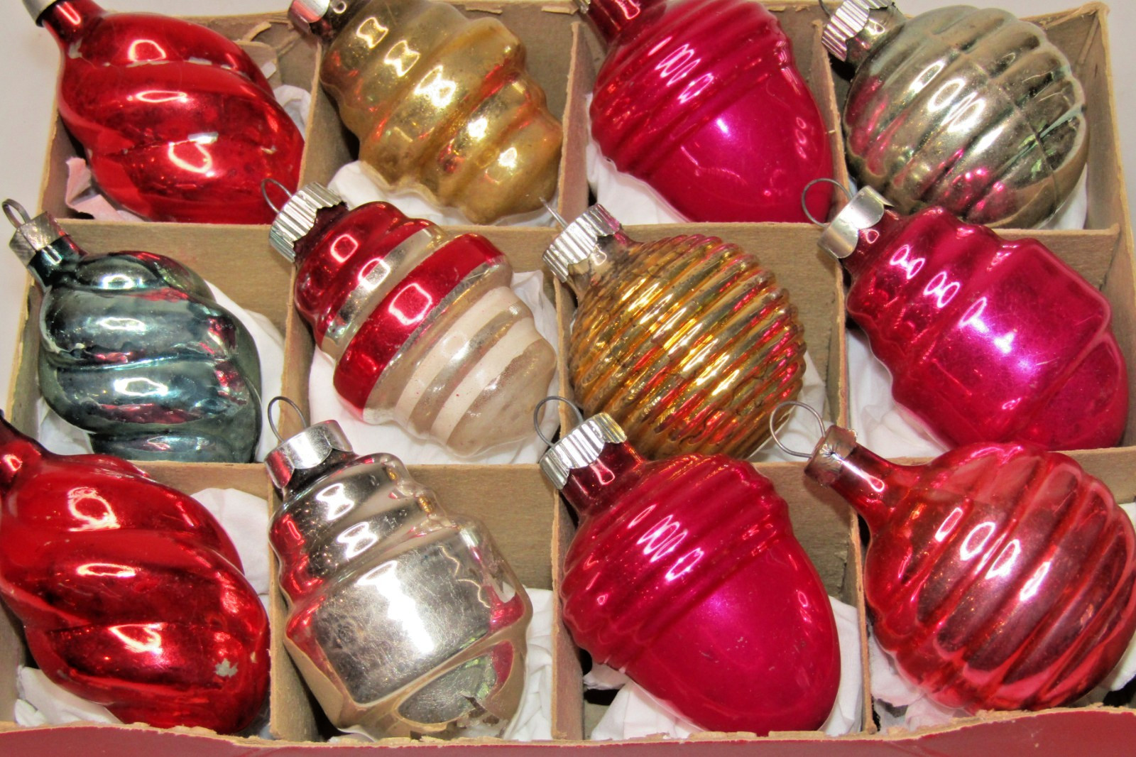 Lot VTG Glass Figural ACORN SWIRL LANTERN Christmas Ornament Shiny Brite Corning