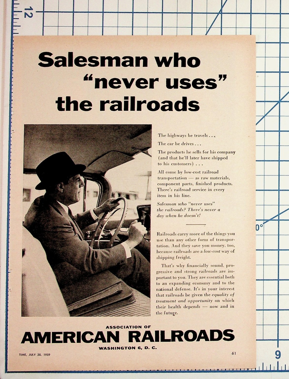 Vintage 1959 TIME Magazine Ad American Railroads Salesman Transportation Freight