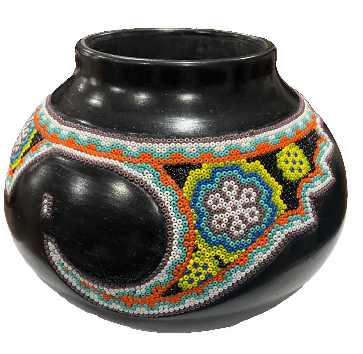 Vintage Huichol  Mexican Folk Art Black pottery Glass Seed Beads Wax Conch Shell