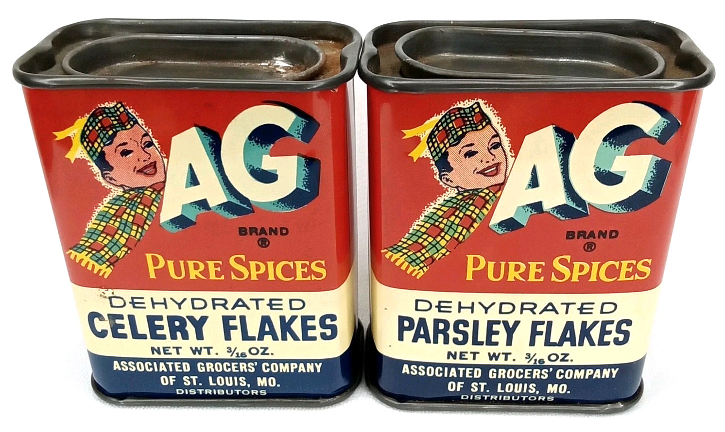 AG Celery & Parsley Flakes Advertising Spice Tin Set Of 2 Vintage 1950s