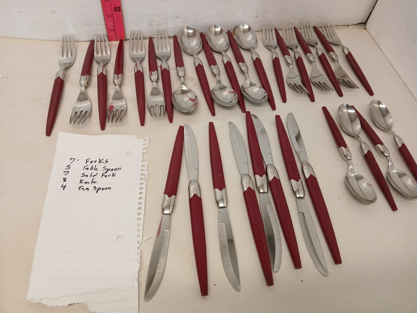 Vintage I.S. Stainless Red Handle Flatware Set 31 Pc Mid Century Modern